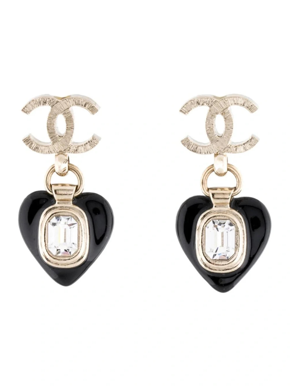 Chanel 2021 Enamel & Strass CC Heart Drop Earrings